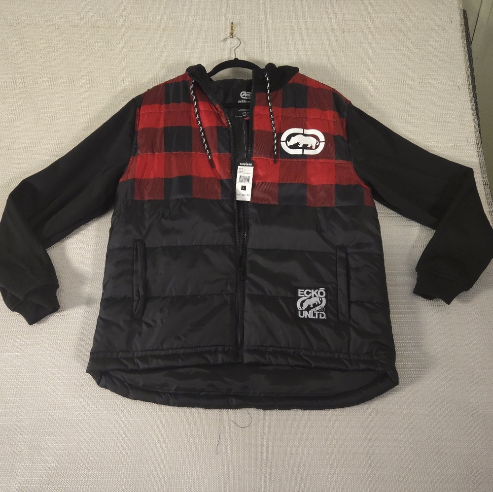 ECKO Black/Red Plaid Puffer Jacket Men's  Full Front Zipp Drawstring Hood NWT